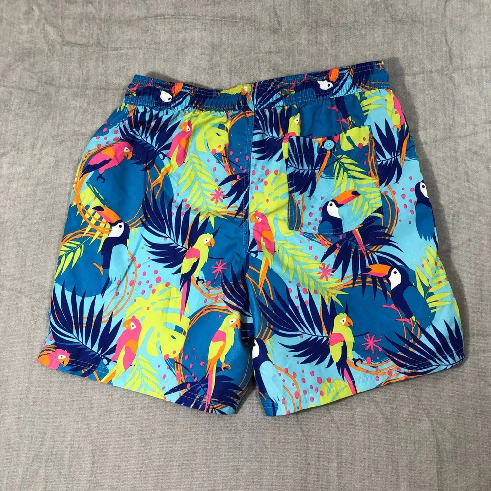 No Boundaries Swim Trunks Men's M 32-34 Blue Tropical Toucan Parrot Print Shorts